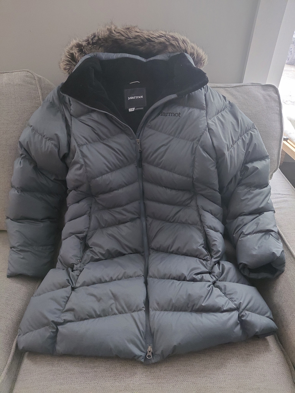 Marmot Women's Charcoal Gray Quilted Down Puffer Coat with Faux Fur Hood